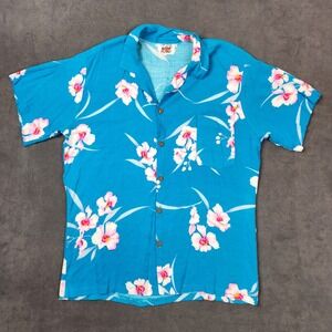 California Crush Hawaiian Shirt Women Large Blue Floral Print Lightweight Button